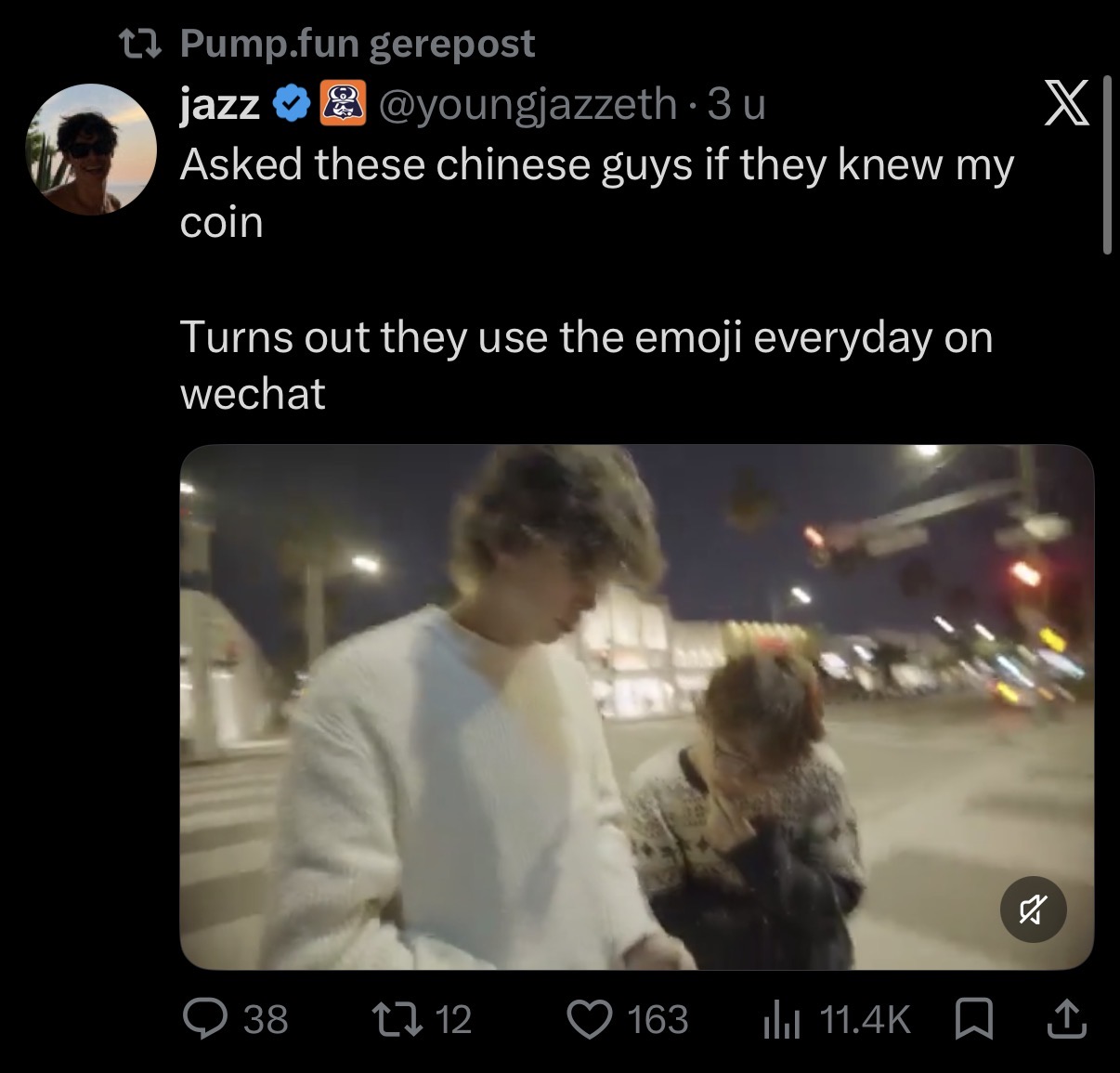 Screenshot of Jazz's X post, reposted by Pump.fun, about people recognizing the emoji on WeChat
